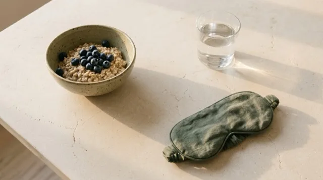 Овсянка с черникой, стакан воды и маска для сна